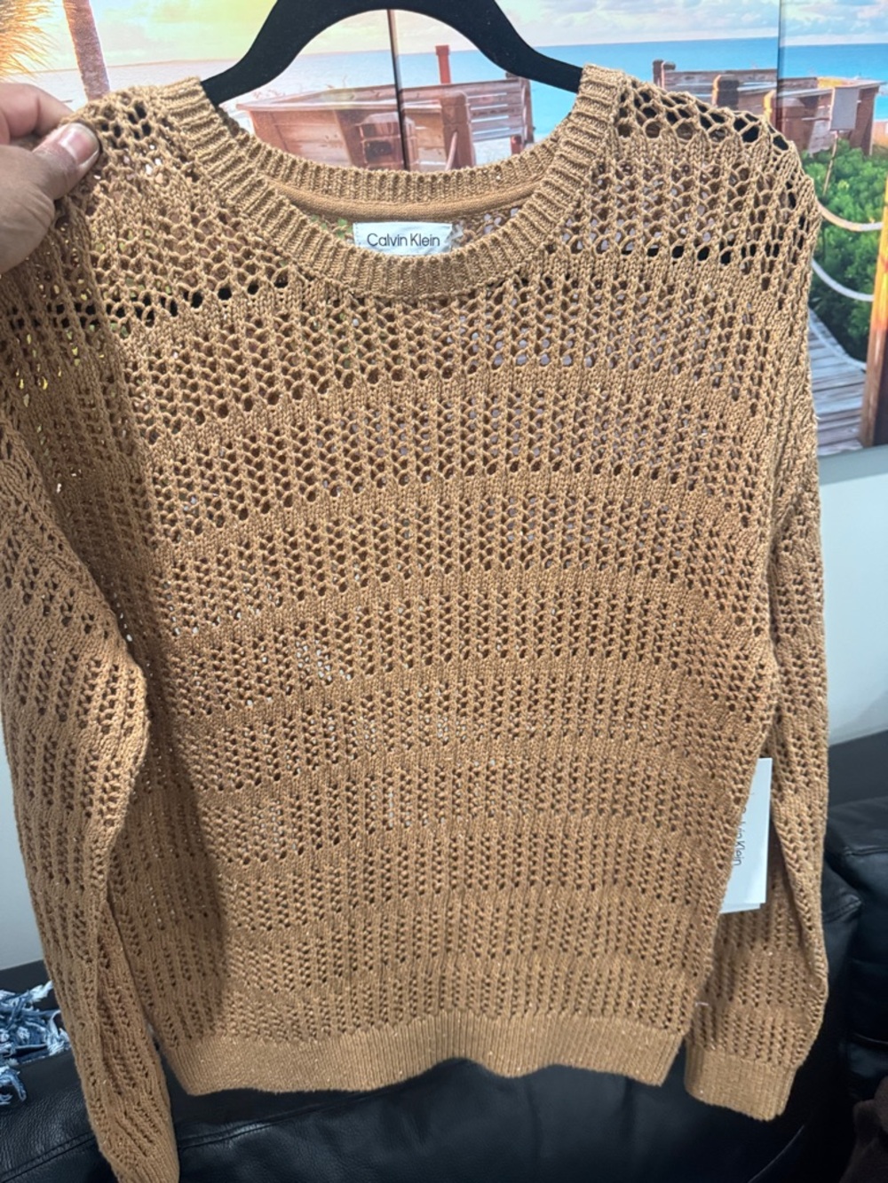 Calvin Klein Open Knit Scoopneck Sweater in Camel sz M